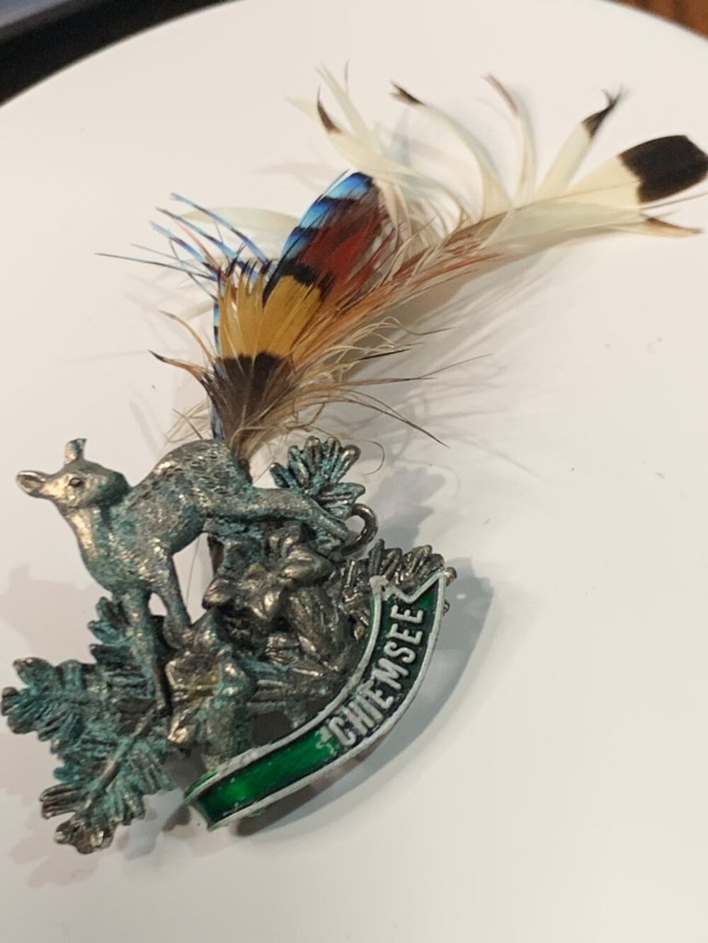 Vintage German Hat Pin Chiemsee Deer With Feathers & Green Enamel Accents